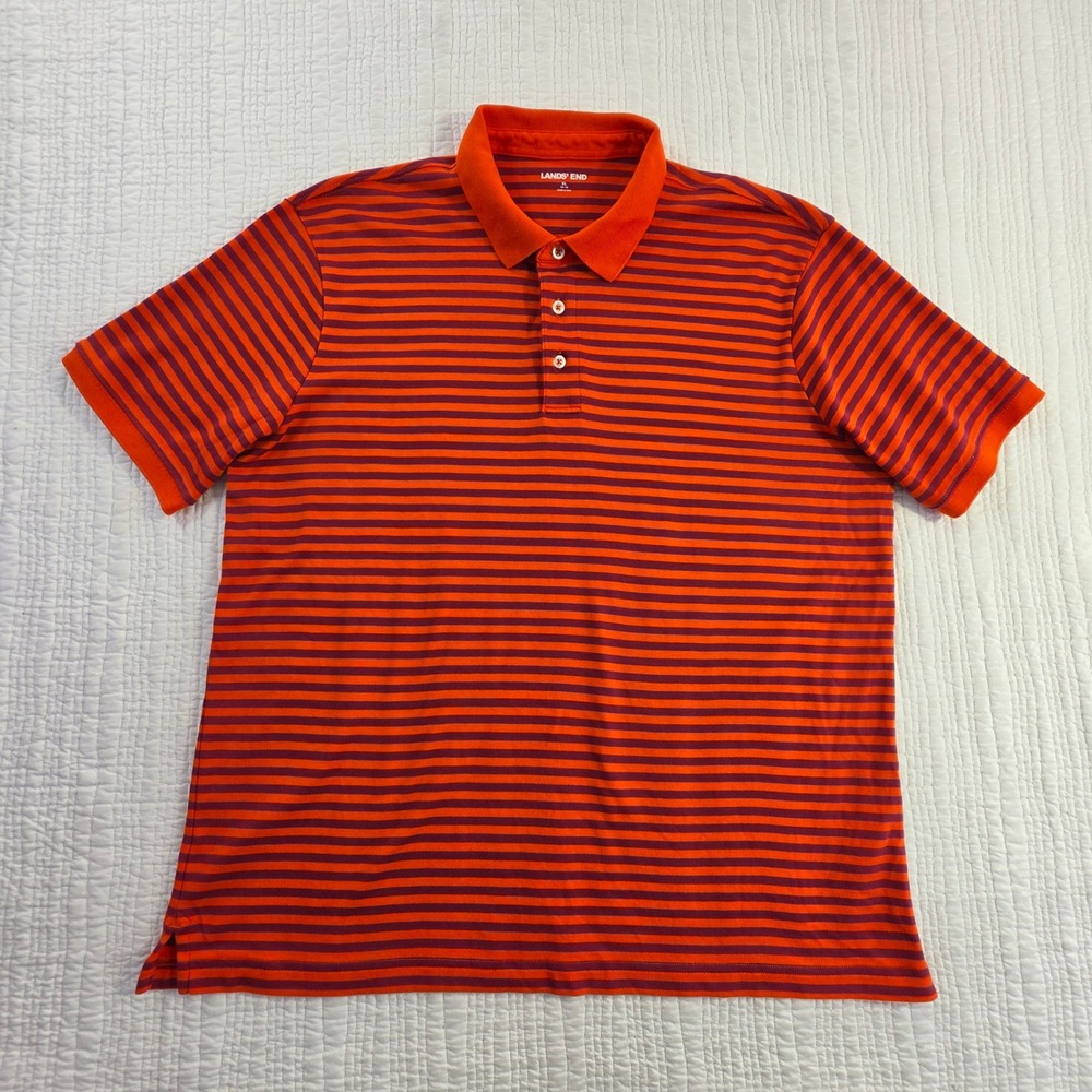 Lands End Mens XL Polo Shirt Orange Purple Striped Short Sleeve Cotton EUC 80s